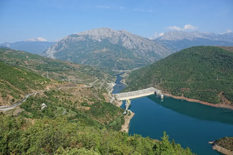The Fierza dam and hydropower plant in a mountain gorge in northern Albania
